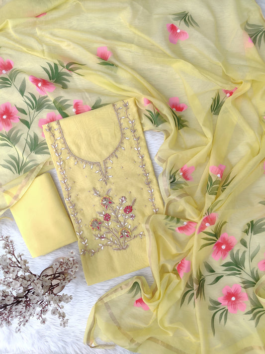 COTTON CHANDERI GOTA PATTI SUIT WITH BRUSH PAINTED COTTON CHANDERI DUPATTA