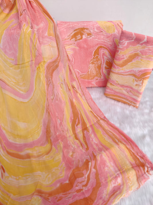 (MARBLE) HAND BLOCK PRINTED COTTON SUIT WITH PURE CHIFFON DUPATTA