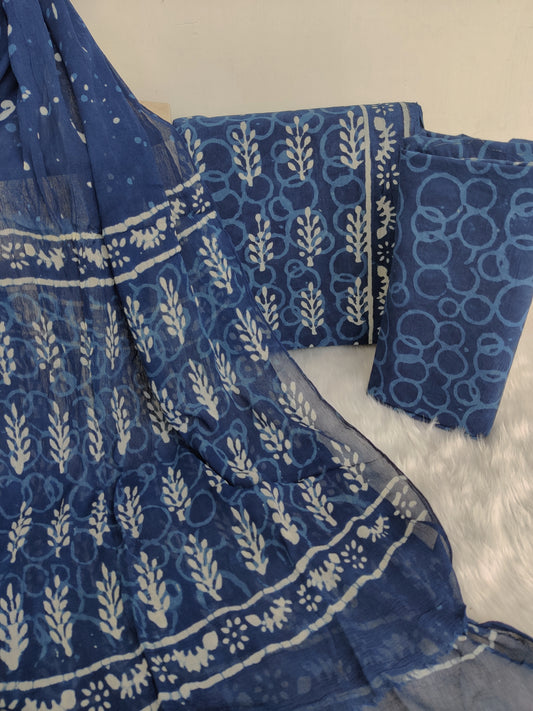 (INDIGO) HAND BLOCK PRINTED COTTON SUIT WITH PURE CHIFFON DUPATTA