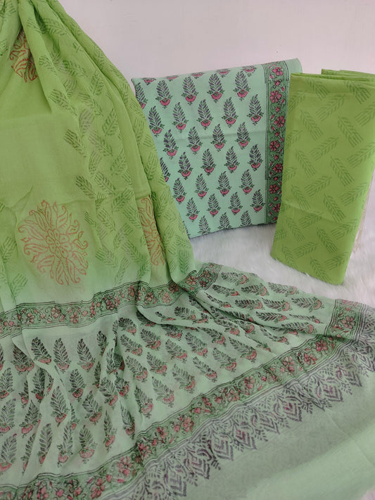 HAND BLOCK PRINTED COTTON SUIT WITH PURE CHIFFON DUPATTA