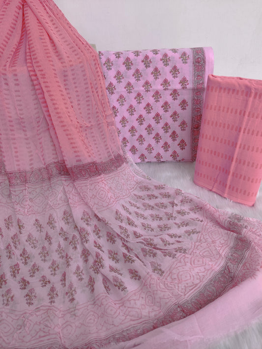 HAND BLOCK PRINTED COTTON SUIT WITH PURE CHIFFON DUPATTA