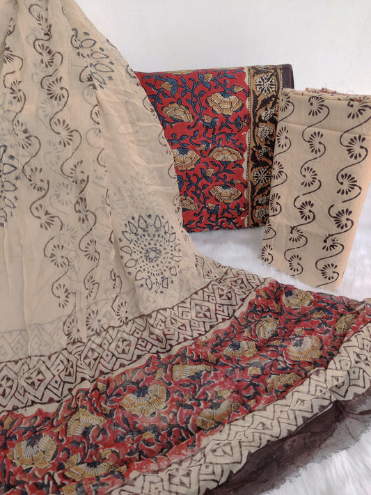(KALAMKARI) HAND BLOCK PRINTED COTTON SUIT WITH PURE CHIFFON DUPATTA