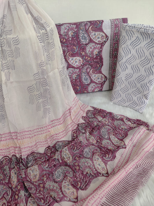 HAND BLOCK PRINTED COTTON SUIT WITH PURE CHIFFON DUPATTA