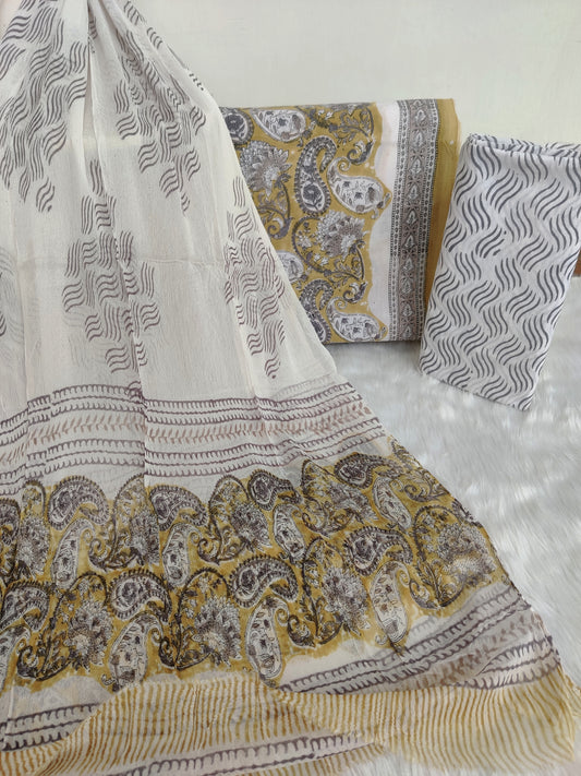HAND BLOCK PRINTED COTTON SUIT WITH PURE CHIFFON DUPATTA
