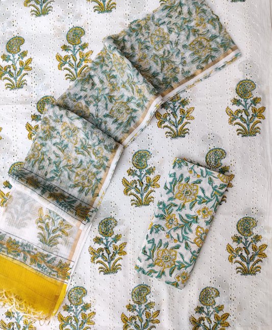 Block Printed Cotton Schiffli Suit with Kota Doria Dupatta
