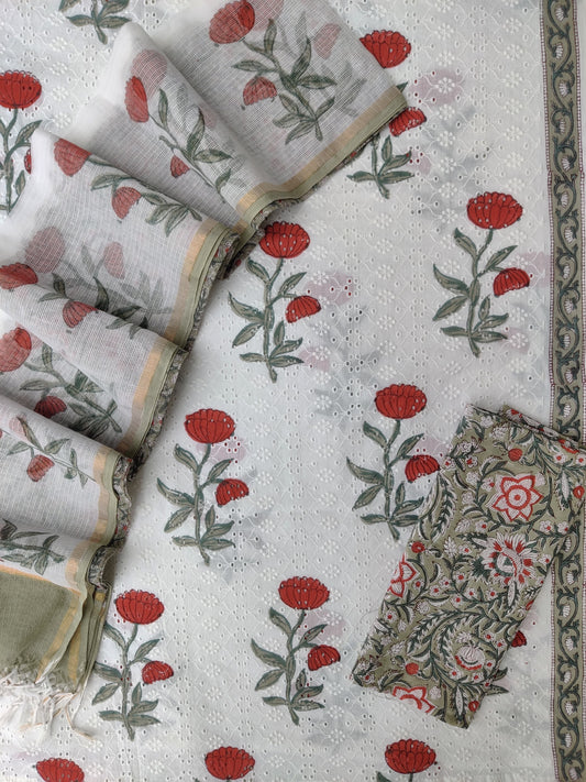 Hand Block Printed Cotton Schiffli Suit with Kota Doria Dupatta