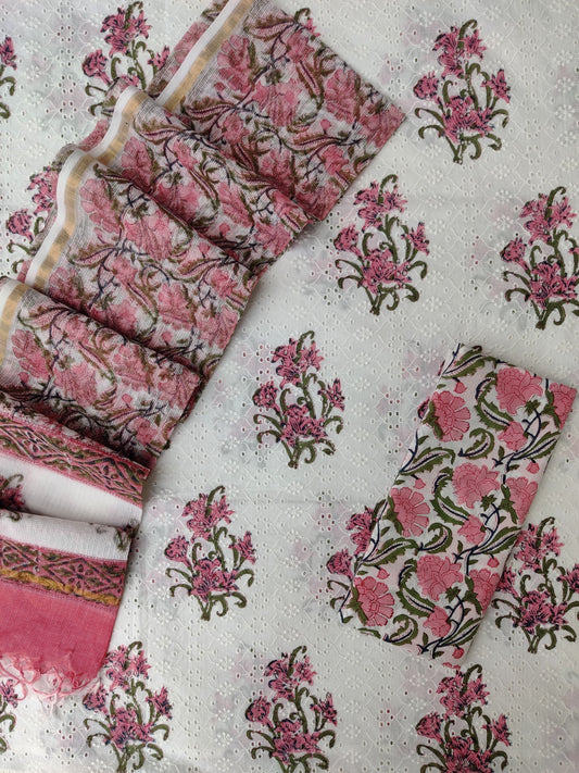 Block Printed Cotton Schiffli Suit with Kota Doria Dupatta