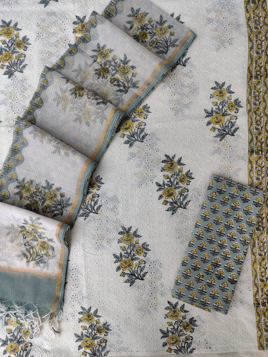 Hand Block Printed Cotton Schiffli Suit with Kota Doria Dupatta
