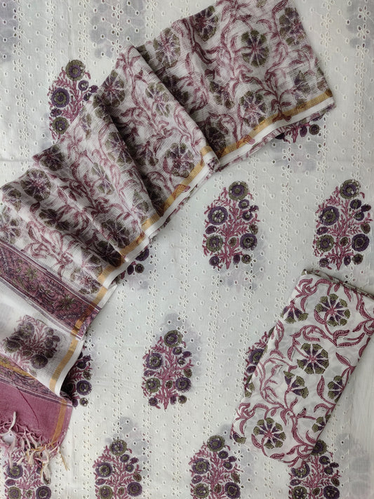 Hand Block Printed Cotton Schiffli Suit with Kota Doria Dupatta