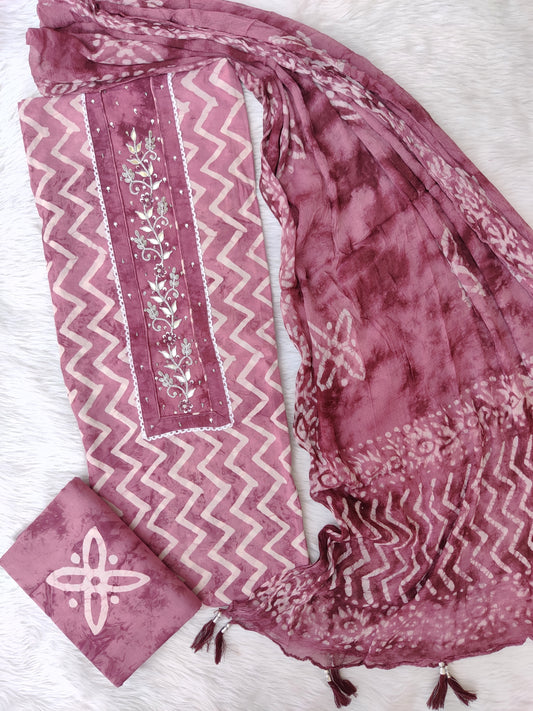 NEW LAUNCH            Exclusive Unstitched Cotton Neck Work Suits with Chiffon Dupatta