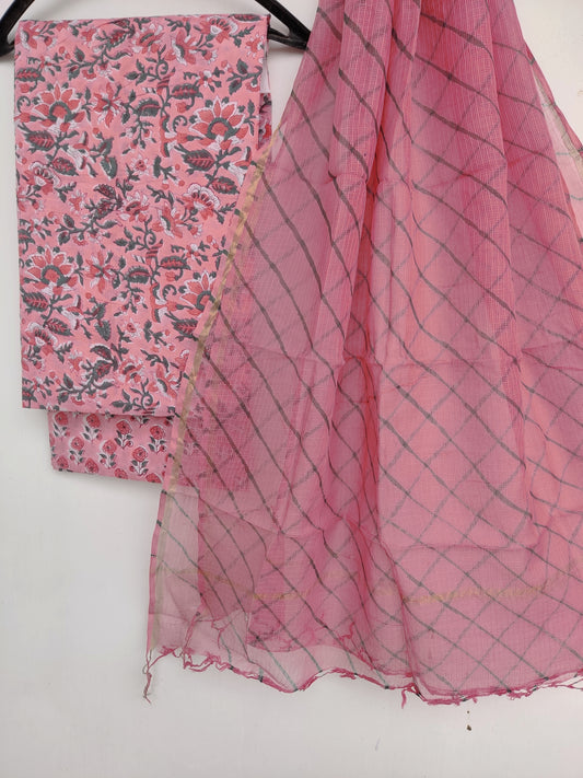 BLOCK PRINTED COTTON SUIT WITH LEHRIYA KOTA DORIA DUPATTA