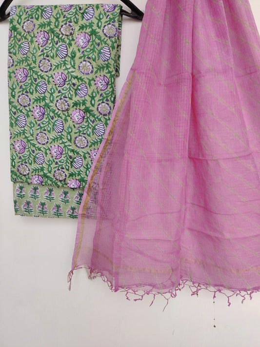 BLOCK PRINTED COTTON SUIT WITH LEHRIYA KOTA DORIA DUPATTA
