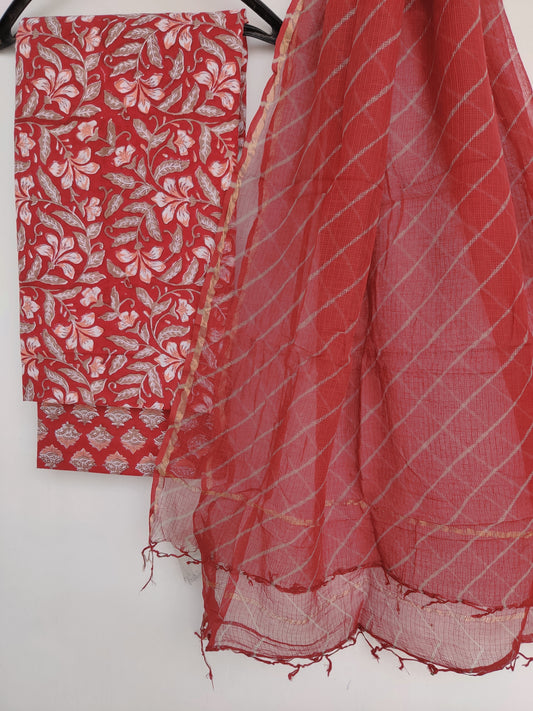 BLOCK PRINTED COTTON SUIT WITH LEHRIYA KOTA DORIA DUPATTA