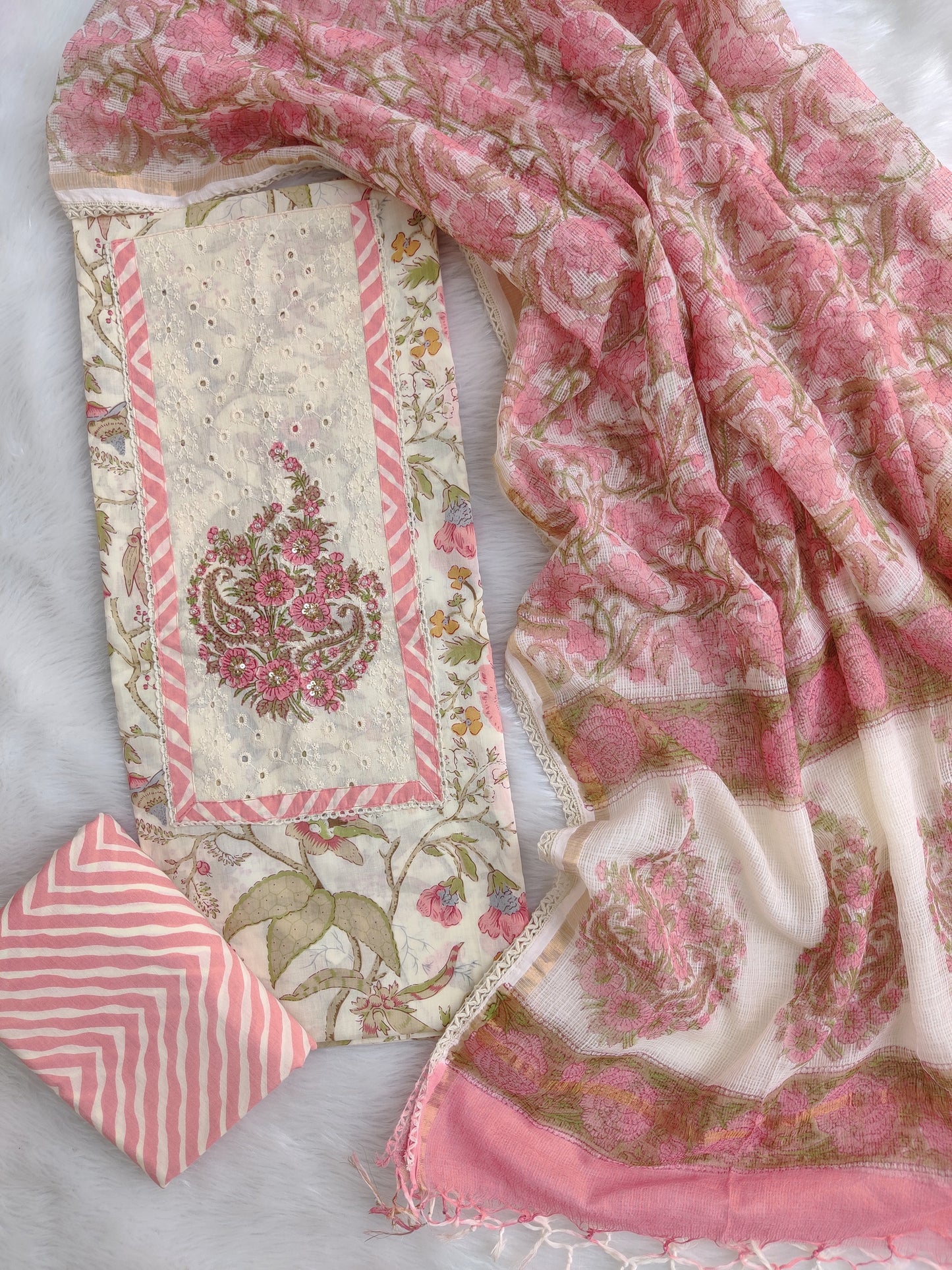 HANDBLOCK PRINTED BOOTA PRINT WORK SUITS WITH KOTA DORIA DUPATTA