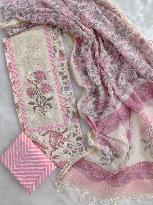 HANDBLOCK PRINTED BOOTA PRINT WORK SUITS WITH KOTA DORIA DUPATTA