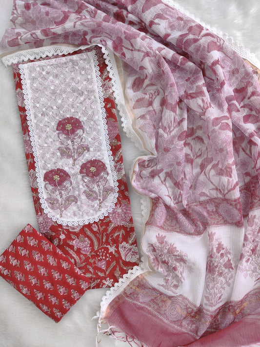 HANDBLOCK PRINTED BOOTA PRINT WORK SUITS WITH KOTA DORIA DUPATTA