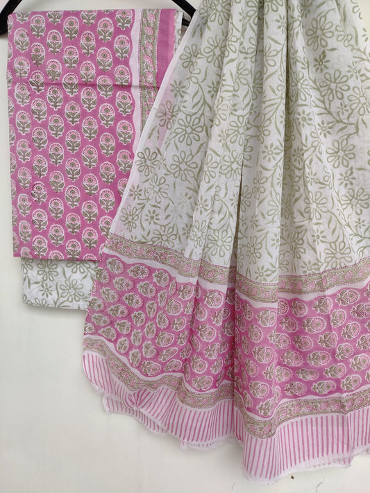 Hand Block Printed Unstitched Cotton Suit with Mulmul Dupatta