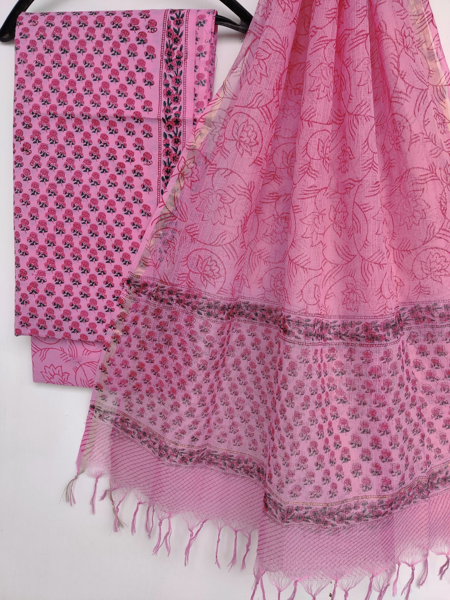 Hand Block Printed Cotton Suit with Cotton Kota Doria dupatta