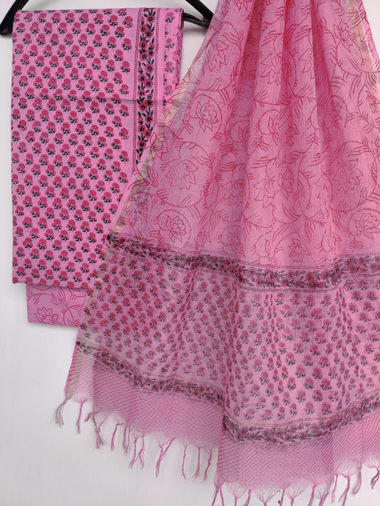 Hand Block Printed Cotton Suit with Cotton Kota Doria dupatta