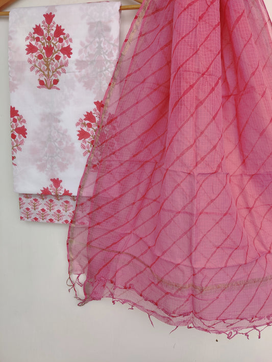 BLOCK PRINTED COTTON SUIT WITH LEHRIYA KOTA DORIA DUPATTA