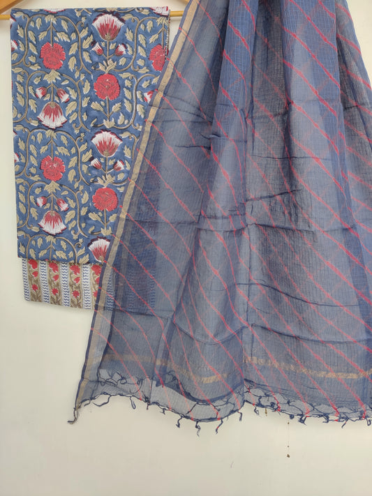 BLOCK PRINTED COTTON SUIT WITH LEHRIYA KOTA DORIA DUPATTA