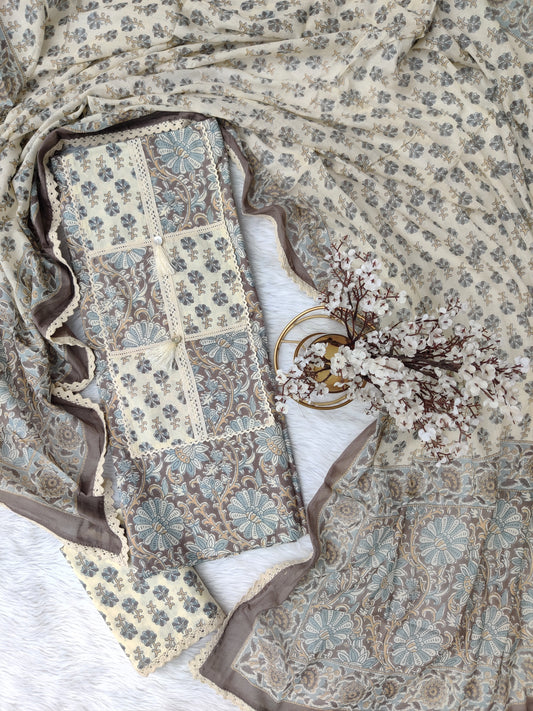 Exclusive Cotton Printed Neck Work Suits with mulmul dupatta