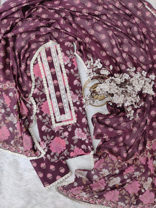 Exclusive Cotton Printed Neck Work Suits with mulmul dupatta