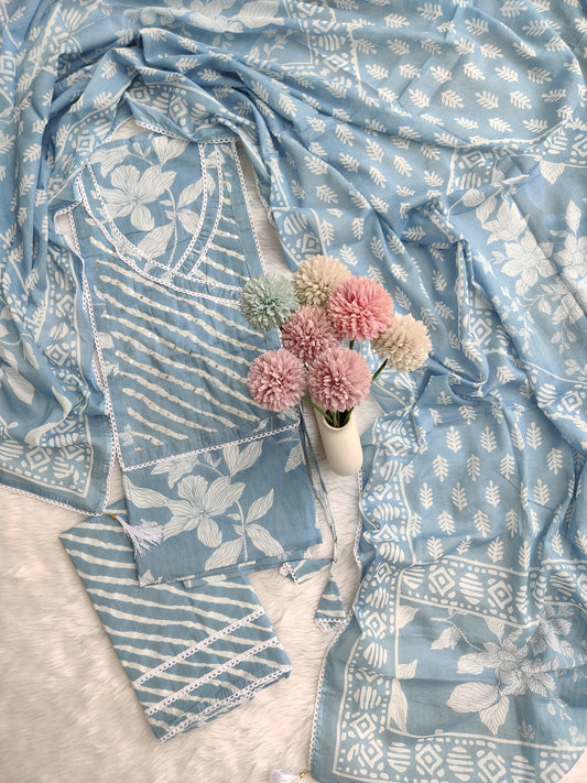 Exclusive Cotton Printed Neck Work Suits with mulmul dupatta