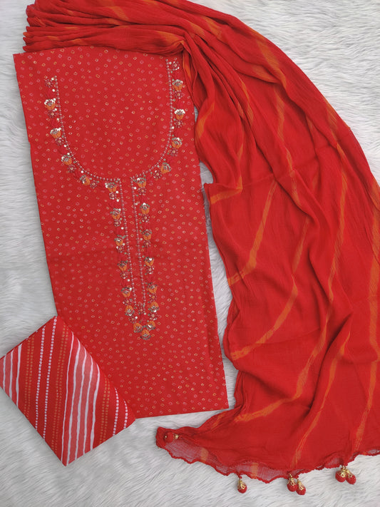 NEW LAUNCH                    Exclusive Unstitched Cotton Neck Work Suits with Chiffon Dupatta