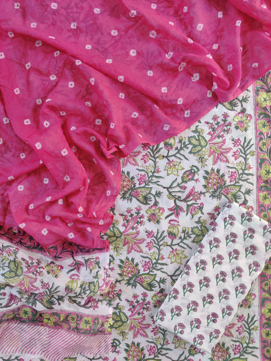 Hand Block Printed Cotton Suits with Mulmul Bandhej Dupatta