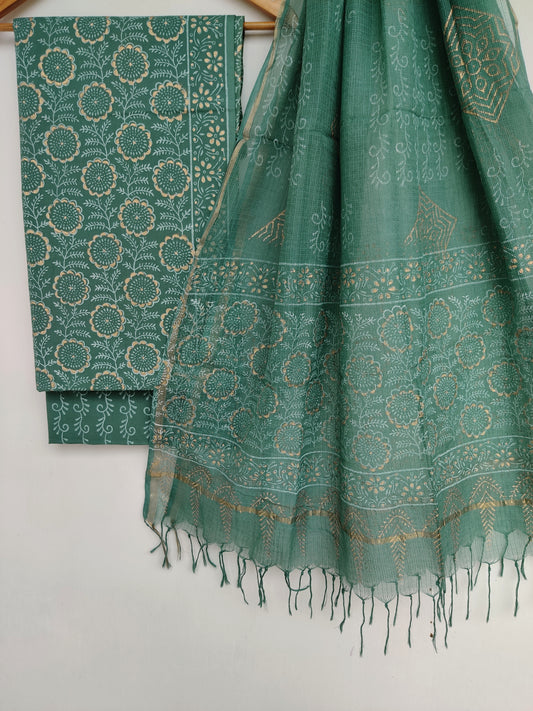 (KHADI GOLD) Hand Block Printed Cotton Suit with Cotton Kota Doria Dupatta