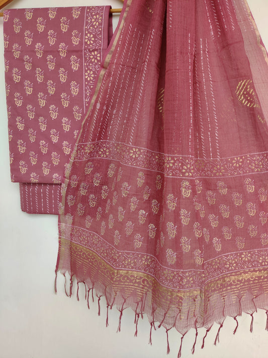 (KHADI GOLD) Hand Block Printed Cotton Suit with Cotton Kota Doria dupattaa