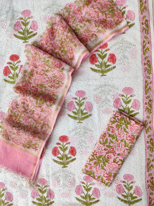 Hand Block Printed Cotton Schiffli Suit with Kota Doria Dupatta