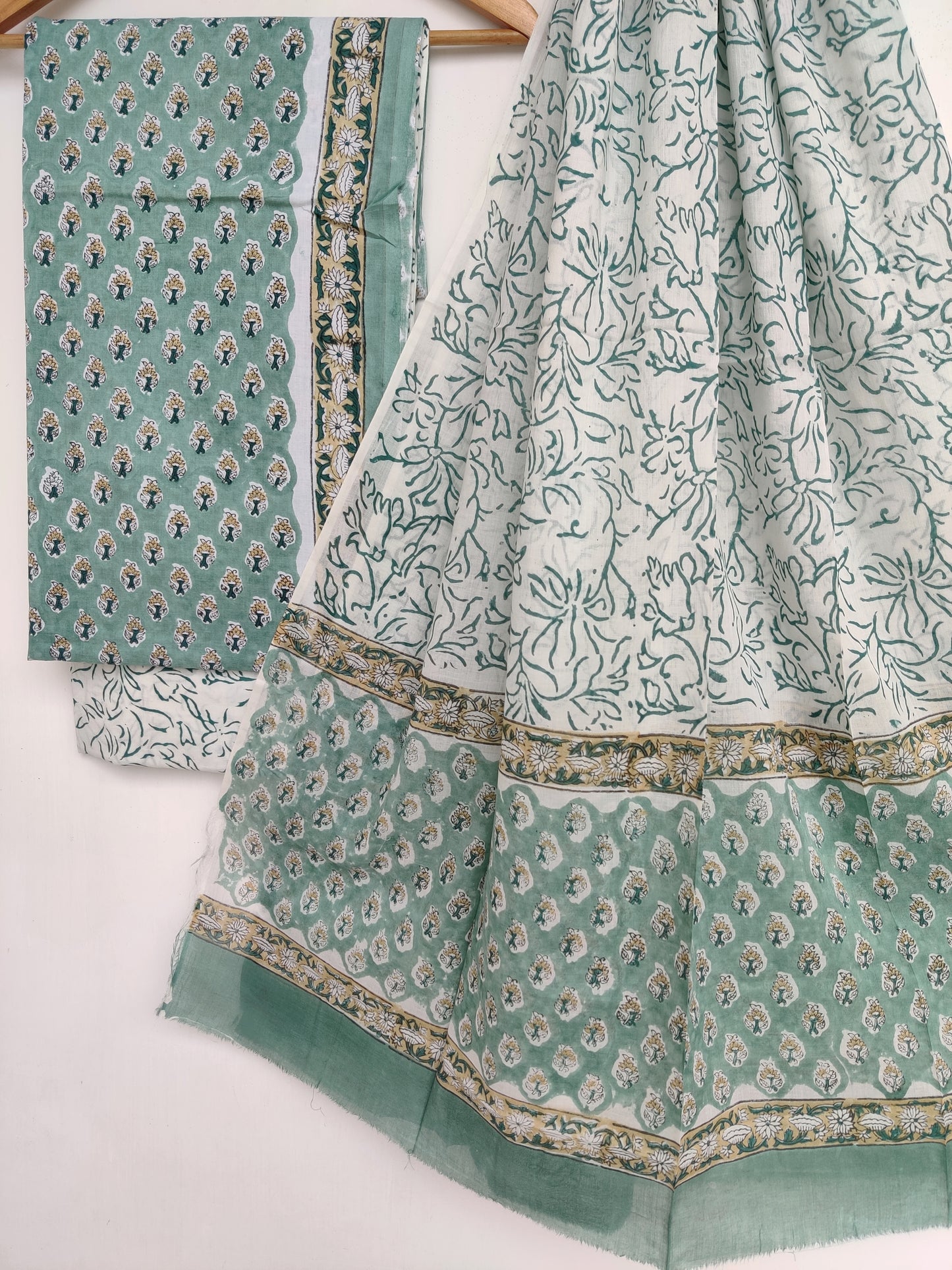 Hand Block Printed Unstitched Cotton Suit with Mulmul Dupatta