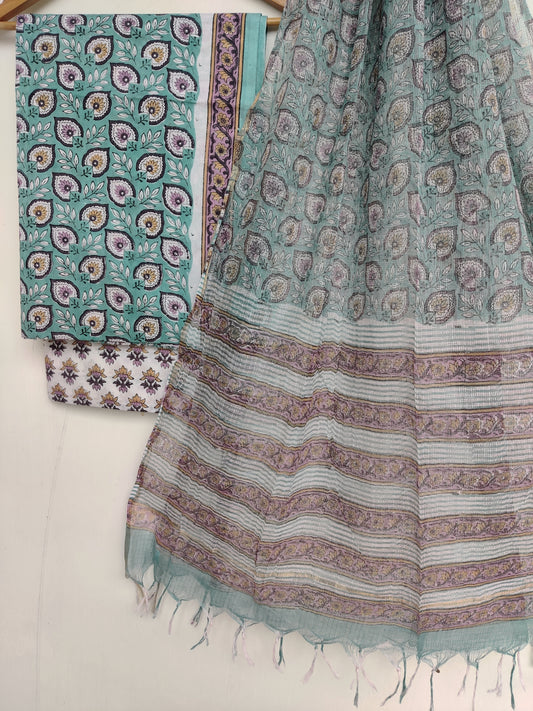 Hand Block Printed Cotton Suit with Cotton Kota Doria dupatta