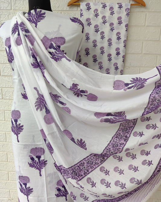Hand Block Printed Unstitched Cotton Suit with Mulmul Dupatta2