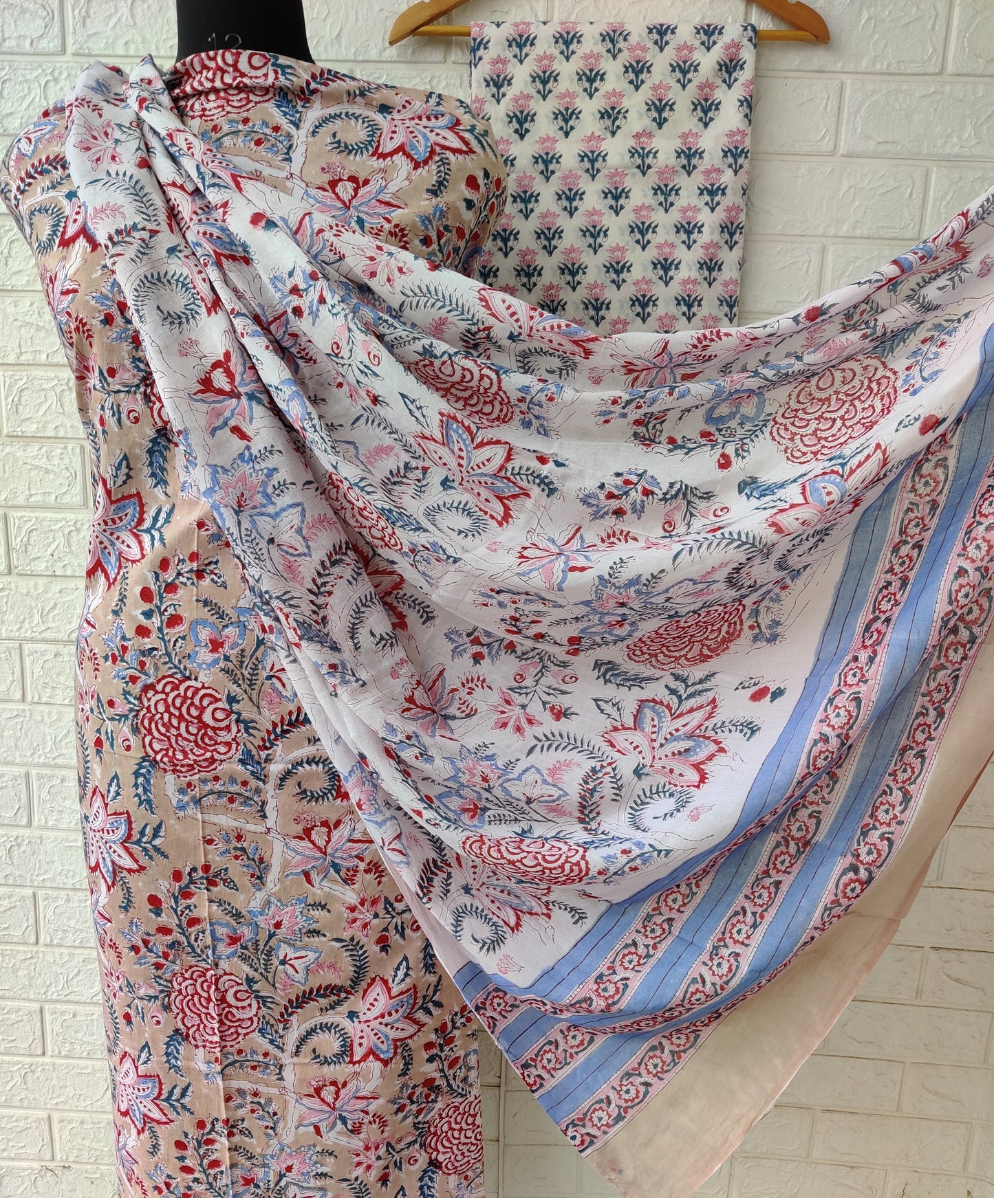 Hand Block Printed Unstitched Cotton Suit with Mulmul Dupatta