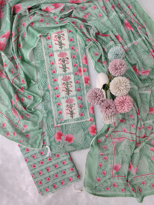 Exclusive Cotton Printed Neck Work Suits with mulmul dupatta