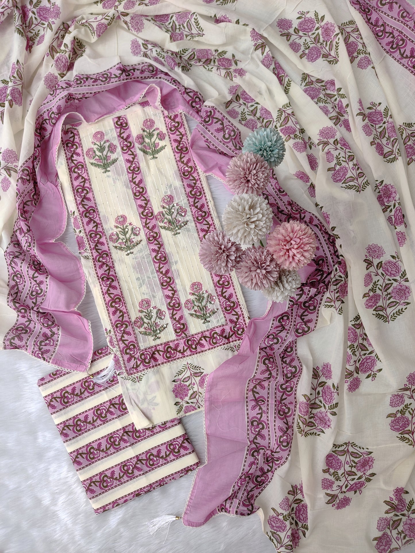Exclusive Cotton Printed Neck Work Suits with mulmul dupatta