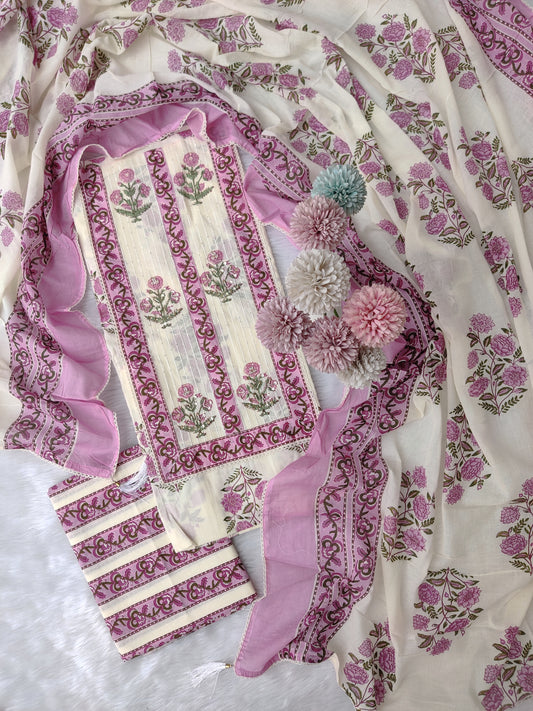 Exclusive Cotton Printed Neck Work Suits with mulmul dupatta