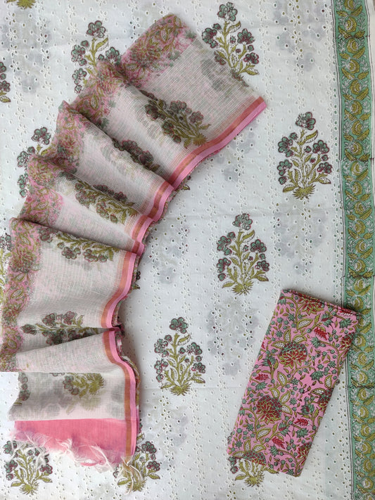 Hand Block Printed Cotton Schiffli Suit with Kota Doria Dupatta