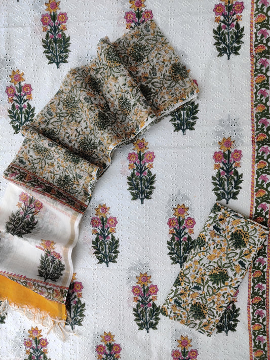 Hand Block Printed Cotton Schiffli Suit with Kota Doria Dupatta
