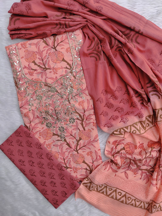 FLORAL PRINTED COTTON GOTA PATTI SUIT WITH COTTON DUPATTA