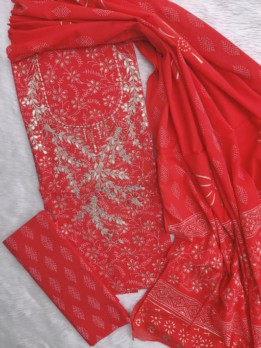 FLORAL PRINTED COTTON GOTA PATTI SUIT WITH COTTON DUPATTA
