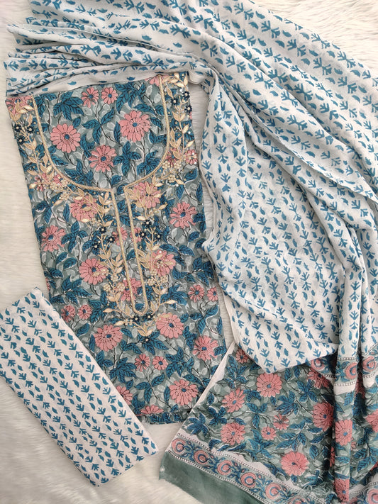 FLORAL PRINTED COTTON GOTA PATTI SUIT WITH COTTON DUPATTA