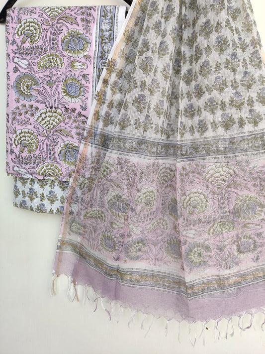 Hand Block Printed Cotton Suit with Cotton Kota Doria dupatta6.