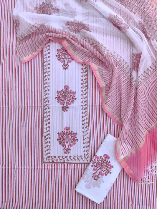 Hand Block Printed Cotton Suit with Cotton Kota Doria dupatta.