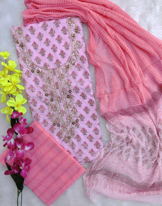 FLORAL PRINTED COTTON GOTA PATTI SUIT WITH CHIFFON DUPATTA