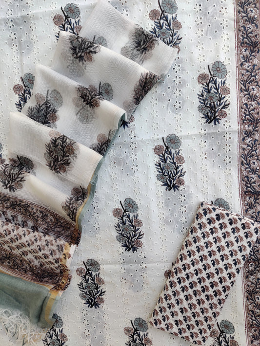 Hand Block Printed Cotton Schiffli Suit with Kota Doria Dupatta