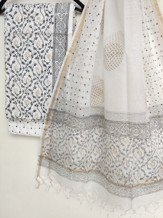 (KHADI GOLD) Hand Block Printed Cotton Suit with Cotton Kota Doria dupatta